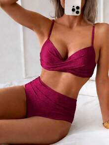 Traje de baño bikini para mujer conjunto dos piezas para playa piscina vacaciones semana santa brunch y salidas a la playa top de tirantes finos con diseño cruzado y parte inferior de talle alto color verde oliva sólido tela elástica de secado rápido que resalta la silueta apto para verano y temporadas cálidas - color arándano - Ver 3