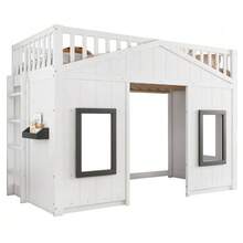 Bunk Bed, House-Style Bed, With Stairs, Fall Protection And Railing, Children's Bed With Window, Freely Configurable Lower Bed, Pine Frame, Pine+MDF, White, 90x200cm - White - View 1