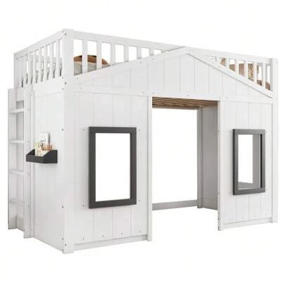 Bunk Bed, House-Style Bed, With Stairs, Fall Protection And Railing, Children's Bed With Window, Freely Configurable Lower Bed, Pine Frame, Pine+MDF, White, 90x200cm