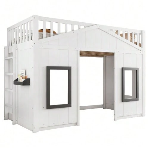 Bunk Bed, House-Style Bed, With Stairs, Fall Protection And Railing, Children's Bed With Window, Freely Configurable Lower Bed, Pine Frame, Pine+MDF, White, 90x200cm - White - View 1