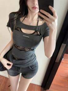 レディース レース切替 ホルターネック 半袖 Tシャツ グレー ダメージ加工 フェイクレイヤード スリム 着痩せ セクシー 甘辛 ピュア トップス 春夏 - グレー - チェックする 8