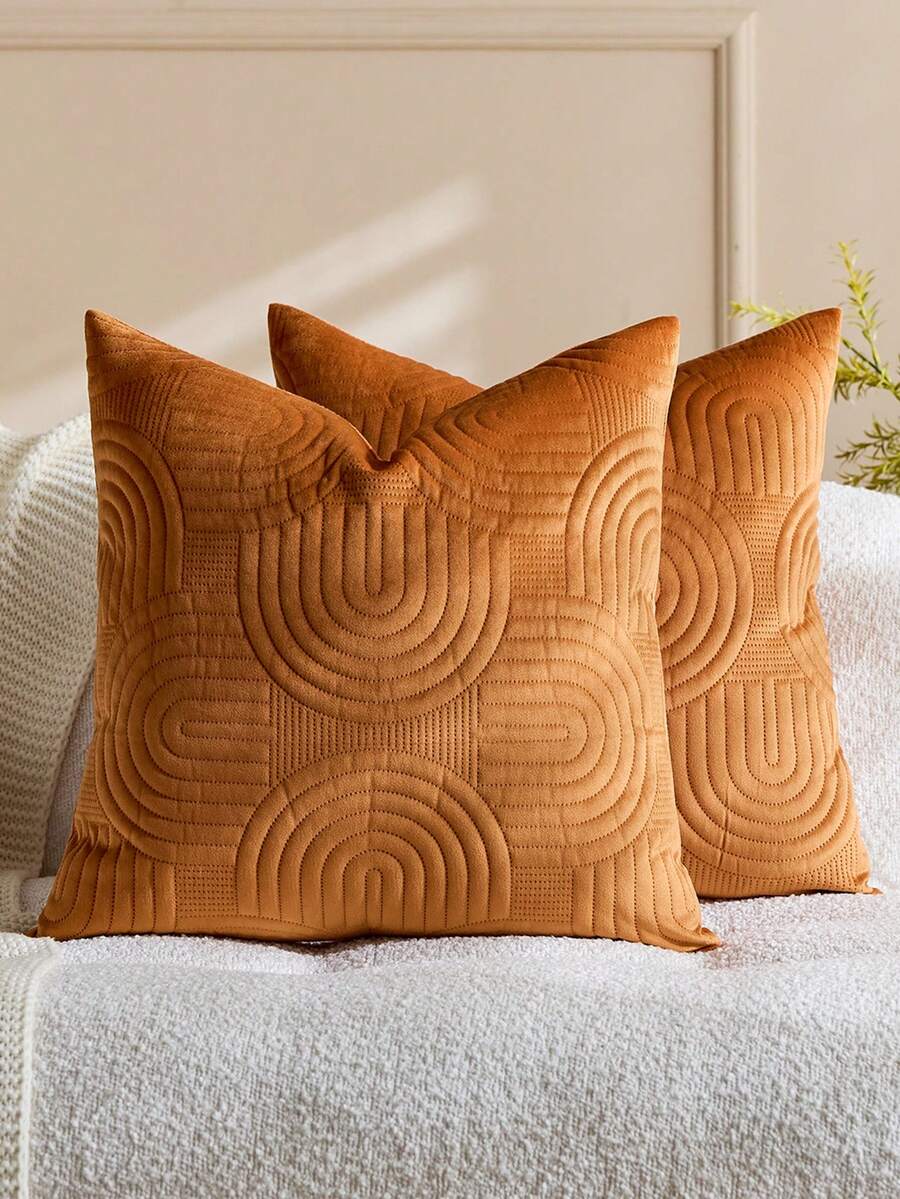 1/2pcs Velvet Plush Decorative Throw Pillow Covers Geometric Quilted Pillow Cover Fluffy Soft Solid Rectangular Cushion Case - Burnt Orange - View 1