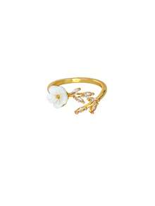 Anillo de flor y hoja con circonita cúbica y resina blanca, anillo ajustable abierto chapado en oro de 18k, joyería de moda para uso diario, boda, fiesta, regalo de vacaciones - 1 - Ver 14