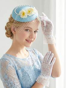 2 peças/Conjunto Chapéu Fascinator de Tule Azul com 3 Flores Pequenas para Meninas Adolescentes + Luvas de Renda Branca, Conjunto de 2 Peças Chapéu Fascinator de Tule, Acessórios de Fotografia de Vestido de Noiva, Acessórios de Cabelo para Decoração de Casamento, Acessórios de Cabine de Fotos de Festa, Acessórios de Casamento, Acessórios de Vestido de Noiva, Acessórios de Cabine de Fotos de Festa - Azul - Visão 8