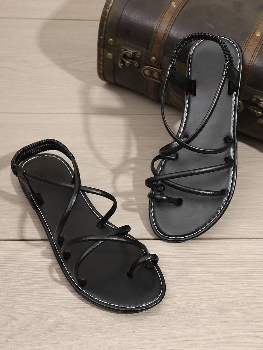 1 đôi sandal đế bằng buộc dây kiểu Bohemian, thích hợp cho bãi biển và kỳ nghỉ hè. - màu đen - Xem 1