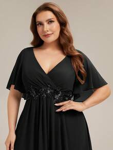 EVERPRETTY Plus Size Elegant Romantic V-Neck Waist Applique Ruffle Sleeve Chiffon Black Bridesmaid Dress, Long Maxi Dress Suitable For Wedding, Party, Spring & Summer - Black - View 3