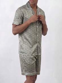Snug League 2pcs Men's Satin Silk Geometric Print Short Sleeve Top And Shorts Pajama Set - Grey - View 5
