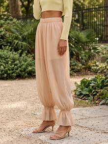 Pantalones holgados de mujer para primavera y verano, de color liso, estilo harem, con puños elásticos fruncidos. - gris rosado pálido - Ver 2