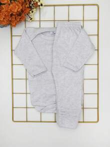 2 Peças/ Conjunto Bebê Recém Nascido Segunda Pele Outono e Inverno Malha Canelada / Conjunto Body Manga Longa e Calça Pé Reversível 0 à 6 Meses Pijama Meia Estação Presente Chá Revelação - Cinza - Visão 5