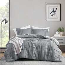 Fluffy 2/3/5/7 Pieces Stripe Plaid Solid Basic Textured Print Comforter Set, 200/300 Gsm Lightweight & Breathable Bedding Sets, All Season Home Textile Fits Modern Bedroom Decor, Halloween Christmas Thanks Giving Gifts - Blue/Grey Pleated - 查看 2
