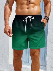 Summer Quick Drying Beach Shorts With Pocket Drawstring Elastic Waist Design, Loose And Breathable Quick Drying Five Quarter Pants, Hawaiian Style Bea - 墨綠色 - 查看 6