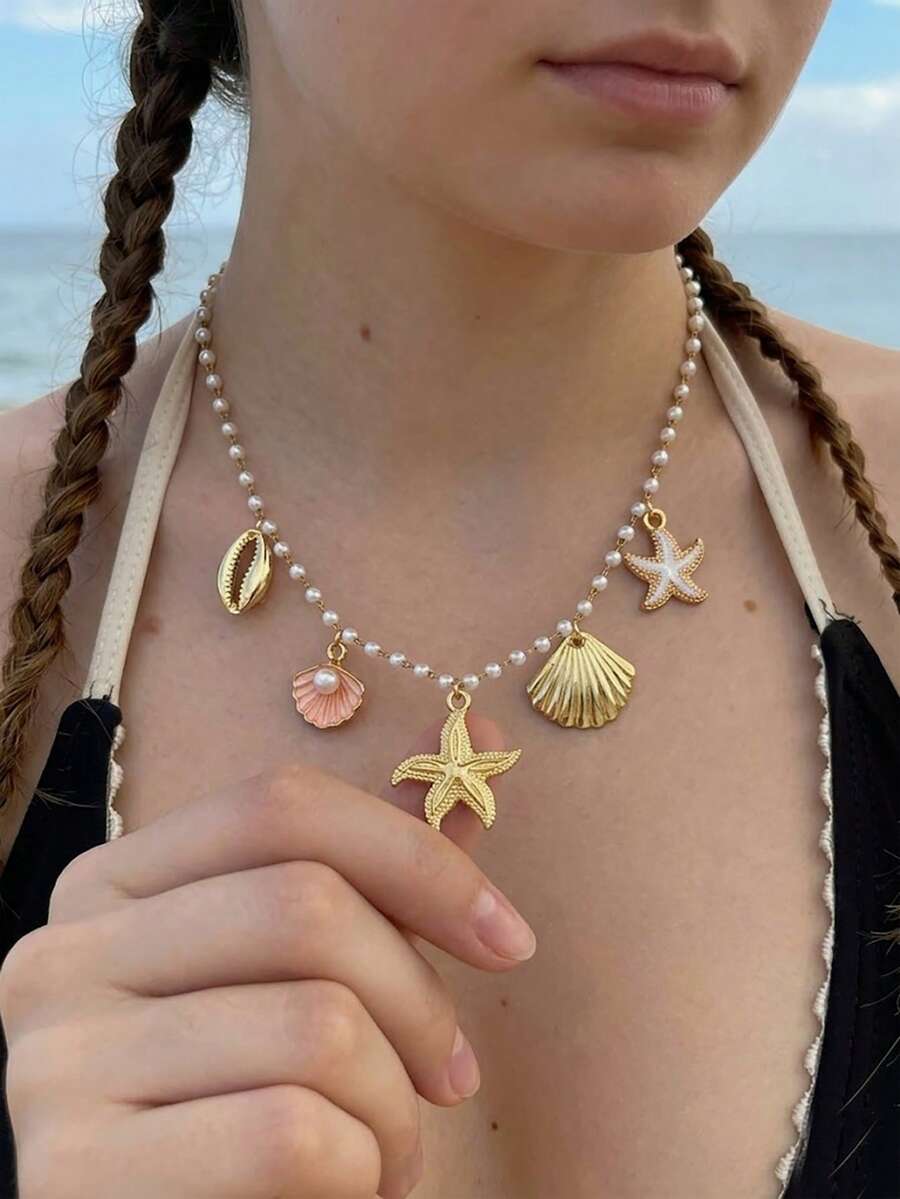 1 chiếc vòng cổ mặt dây chuyền hình sao biển màu vàng ngọc trai giả, phong cách Bohemian ngọt ngào Y2K, thích hợp cho phụ nữ và bé gái mặc đi biển mùa hè, phụ kiện đa năng. - Nhiều màu - Xem 1