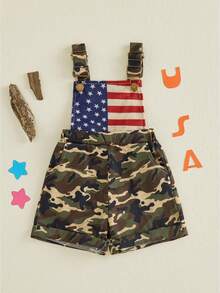 4th Fourth Of July Baby Girl Boy Outfit American Flag Print Overalls Shorts Pocket Suspender Romper Clothes Patriotic Memorial Day Outfit - xanh quân đội - Xem 1