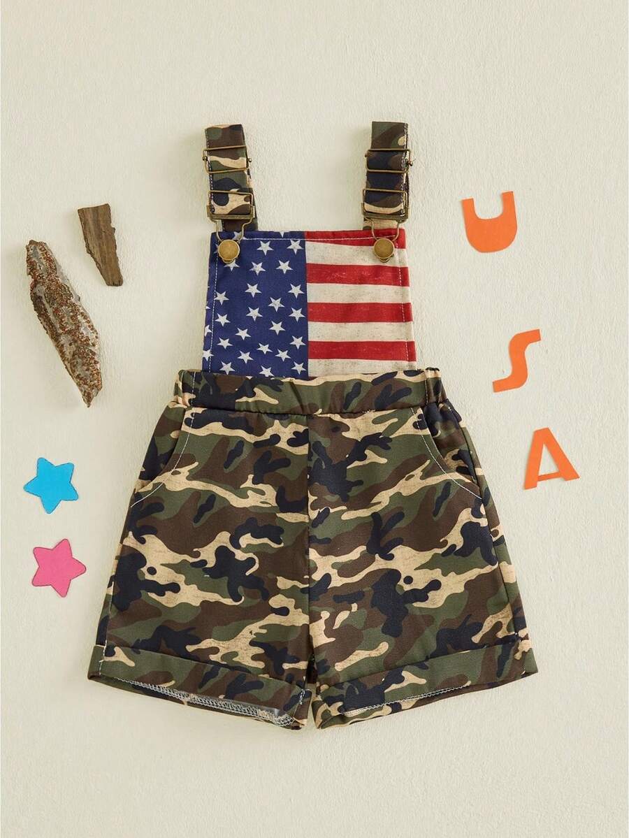 4th Fourth Of July Baby Girl Boy Outfit American Flag Print Overalls Shorts Pocket Suspender Romper Clothes Patriotic Memorial Day Outfit - xanh quân đội - Xem 1