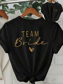 Women's Short-Sleeved T-Shirt With Bridal-Themed Decorative Patterns And The Slogan "" In Cursive Lettering, Round Neck, Short Sleeve, Casual Style For Spring/Autumn/Summer, Back-To-School Outfits For Women, Women's Tops, Summer Outfits, Women's Holiday Outfits, Women's Spring Outfits, Tops, Women's Club Outfits, Black Color, 100% Cotton. - 黑色 - 查看 1