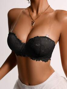 1pc Daily Wear Underwire Lace Racerback Bra, Removable Straps Can Be Replaced With Transparent Straps, Prevent Sagging - Black - View 6