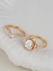 2pcs Elegant Sparkling Cubic Zirconia Stackable Ring Set, Suitable For Women's Dates, Parties, Gatherings, Perfect Gift - Yellow Gold - View 5
