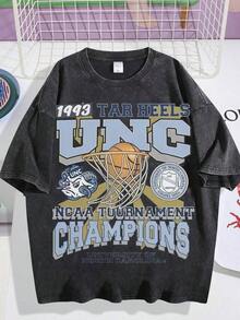 DREANMT Men's - Shirt, Retro, UNC 1993 Graphic, Vintage Washed, Loose Fit, Short Sleeved, Top - 黑色 - 查看 1