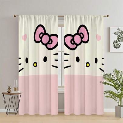 SANRIO 2 piezas Cortinas opacas con estampado de dibujos animados lindos - Tratamientos de ventana que bloquean el sol para la cocina, el dormitorio, la oficina y la decoración de la sala de estar; Cortinas para puertas; Paneles opacos de poliéster con bolsillo para barra adecuados para la decoración del dormitorio, la sala de estar y la oficina; Decoración del hogar de poliéster lavable a máquina