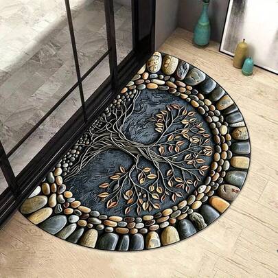 1pc Nordic Style Tree Of Life Silica Gel Carpet. Semi-Circular Pebble Texture Entrance Mat, Bathroom Doormat. Suitable For Entryway Home Decor Doormat.