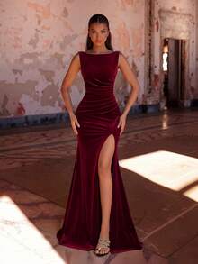 ADYCE Elegant V-Neck Solid Color High Waist Pleated Slit Backless Evening Dress, Suitable For Galas, Parties, Balls, Formal Occasions, New Year And More - Burgundy - View 7
