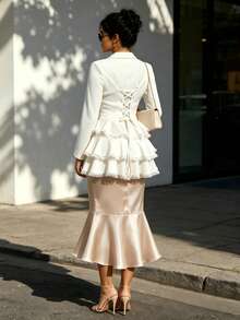 Vintage Victory Gothic Blazer Jacket With Lace Ruffle Hem And Lace Up Corset Back - Beige - View 5