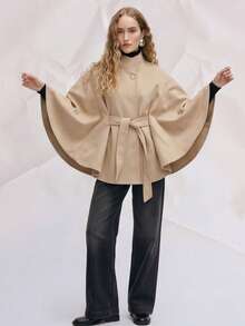 Gold Buckle Waist Belt Ribbed Collar Wool Blend Poncho Coat, Elegant Loose Fit Luxury Spring Poncho - Beige - View 4
