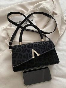 1个黑色春季新款金属配件豹纹PU小方手提包,女士托特包单肩斜挎包 - 黑色 - 查看 4