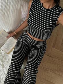 Conjunto de 2 piezas para mujer, top sin mangas a rayas y pantalones, casual - Negro - Ver 4