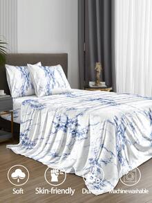 Bộ ga trải giường 4 món họa tiết đá cẩm thạch xanh cổ điển, chất liệu microfiber mềm mại dễ giặt ủi, bộ ga trải giường họa tiết hoa (1 ga trải giường + 1 váy giường + 2 vỏ gối), bộ váy giường, phù hợp với giường đơn, đôi, cỡ Queen, cỡ King, thiết kế váy giường có túi sâu, vỏ gối lên đến 11,8 inch, mềm mại và thoáng khí, chống nhăn, phong cách khách sạn sang trọng, phong cách nữ tính ngọt ngào, quà tặng cho bố mẹ, bạn bè. - Màu xanh lam - Xem 2