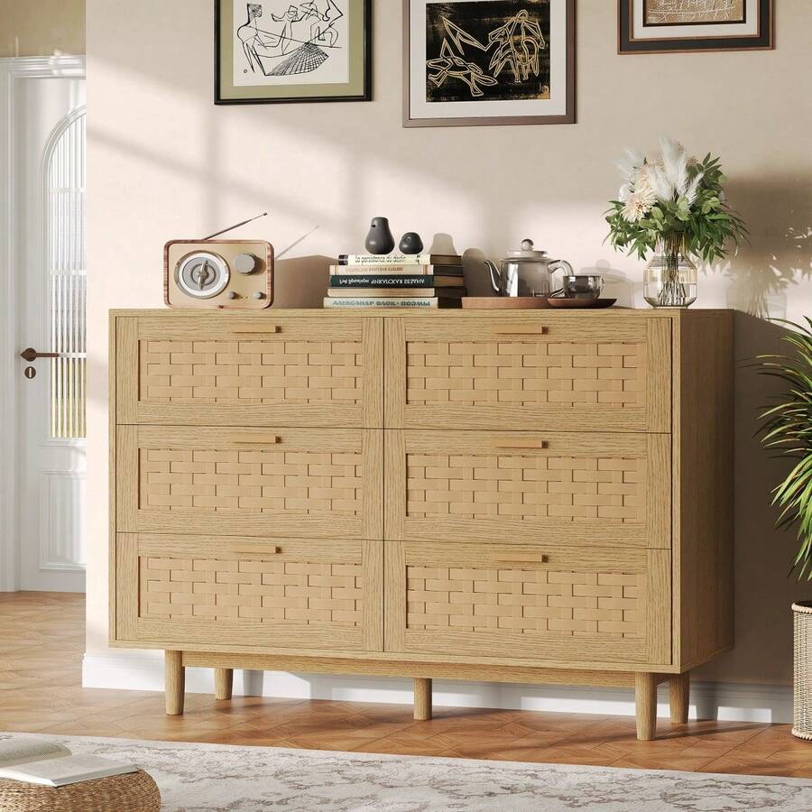 MISNODE Cassettiera/credenza in legno e rattan, cassettiera in stile boho con 6 cassetti, cassettiere e credenze per sala da pranzo, soggiorno e camera da letto, mobili in rattan, 115L x 40P x 80A cm, colore rovere - Colore rovere (6 cassetti) - Visualizzare 1