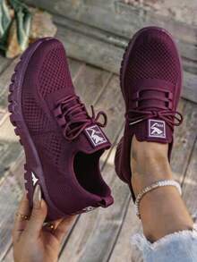 Women's Breathable Knit Walking Sneakers, Lace-Up Lightweight Running Shoes, Suitable For Sports And Gyms - Màu tím - Xem 1