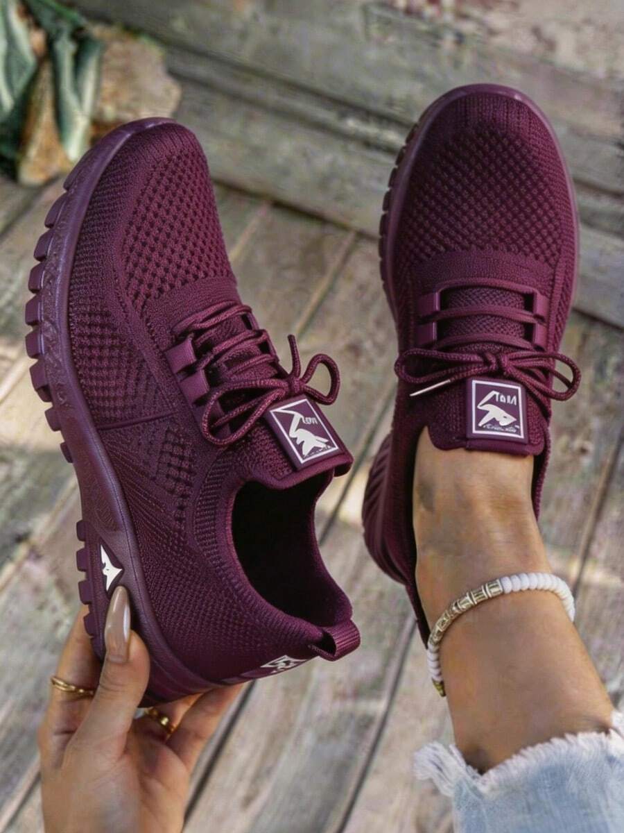 Women's Breathable Knit Walking Sneakers, Lace-Up Lightweight Running Shoes, Suitable For Sports And Gyms - Màu tím - Xem 1