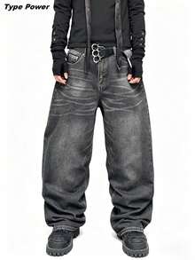 Jeans baggy super ample de type Y2K pour hommes, en jean vintage lavé noir gris sans stretch. Pantalon de rue à jambes larges, décontracté et quotidien, pour le skate. Plusieurs tailles disponibles. - Noir - Voir 1