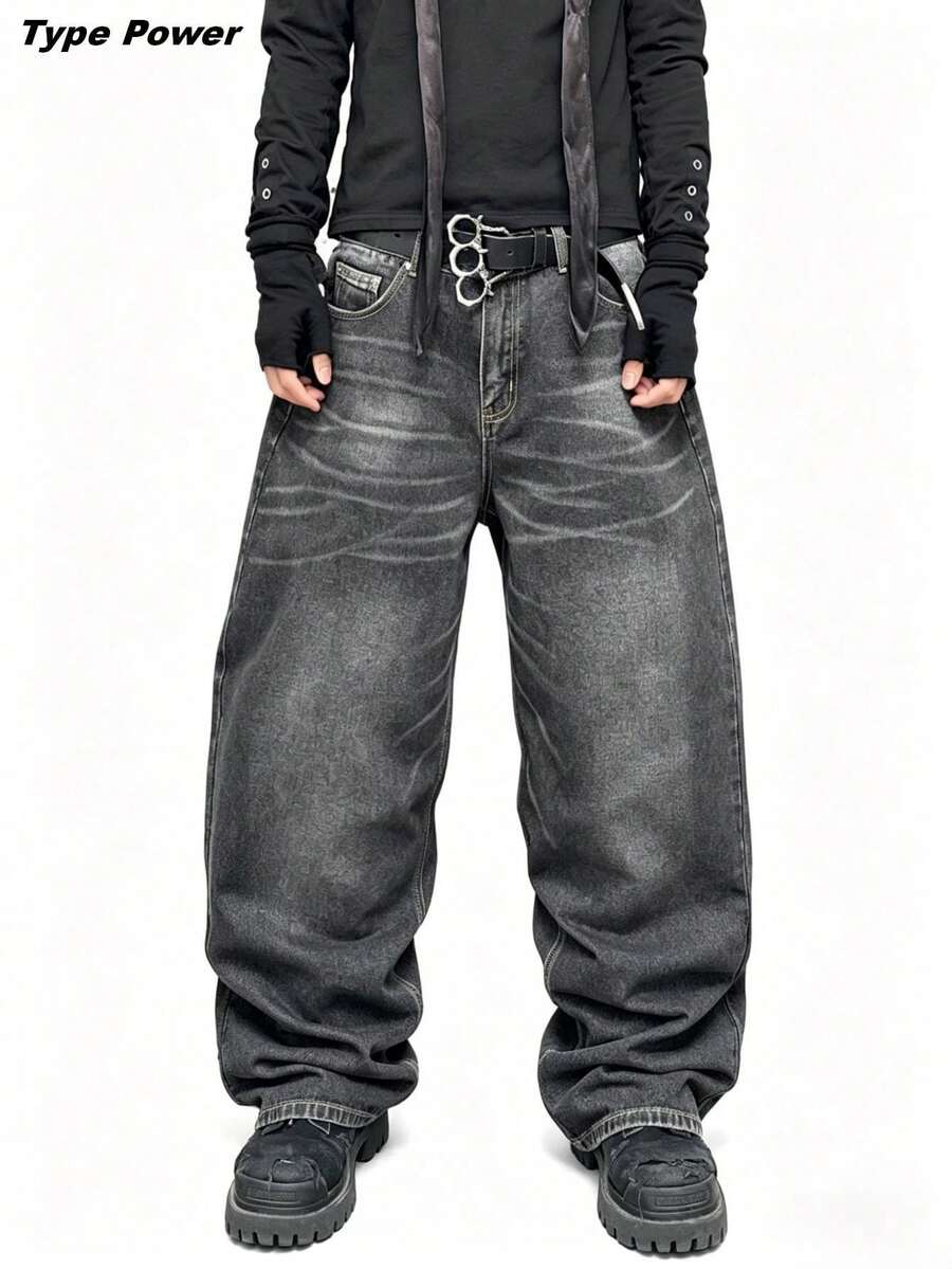 Jeans baggy super ample de type Y2K pour hommes, en jean vintage lavé noir gris sans stretch. Pantalon de rue à jambes larges, décontracté et quotidien, pour le skate. Plusieurs tailles disponibles. - Noir - Voir 1