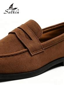 Salkin Luxury Men's Penny Loafers, Solid Color Faux Suede Casual Leather Shoes, Affordable Luxury For Modern Living, Soft Comfortable Breathable Non-Slip Wear-Resistant Sole, Fashionable Elegant Gentleman Social Shoes, Versatile For Suits, Students, Graduation, Preppy Style, Business Formal, Office, Party, Banquet, Wedding, Groom Shoes, Spring Summer Autumn, Size Runs Large, Recommend Choosing One Size Smaller - Mocha Brown - View 3