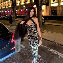 conciso 女士豹纹系带长款连衣裙，性感优雅派对礼服 - 摩卡棕 - 查看 3