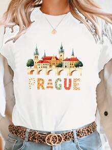 Women's% Cotton-Shirt With Prague Cityscape Pattern - Short-Sleeved, Round-Neck Casual Top With Bright Geometric Prints, And Washable, Comfortable All-Season Travel And Daily Wear, Women's-Shirt, Urban-Themed Clothing, Artistic Print Top, Comfortable And Well-Fitting Shirt. Lightweight,, Summer Best-Seller - White - View 12