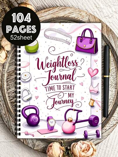 Diario de pérdida de peso de 104 páginas en tamaño A5, incluye diseños de equipos de fitness, gráficos motivacionales de fitness y gestión de peso para hombres y mujeres, y una guía de autodisciplina.