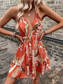 Vestido de verano sexy con cintura alta y volantes, vestido camisero estampado en naranja-rojo tropical, perfecto para vacaciones informales. - Naranja - Ver 3