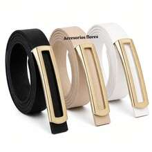 Set Of 3 Fashionable Women's Belts With Gold Buckle - 白色,米色,黑色 - 查看 2