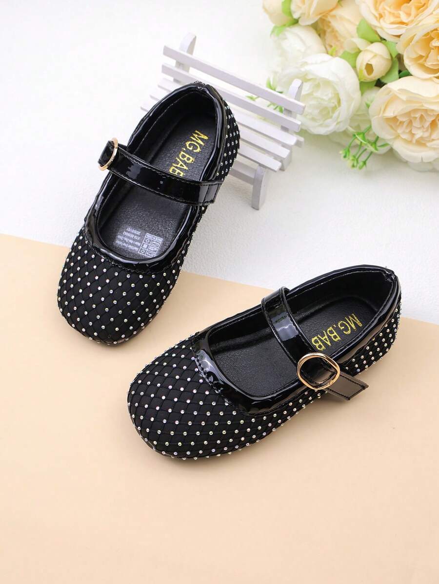 Giày trẻ em mùa xuân & thu mới, giày da đính đá cho bé gái, giày bệt dán, giày bệt chống trượt cho trẻ nhỏ, giày cổ thấp cho trẻ sơ sinh và trẻ nhỏ, giày học sinh cho bé. - màu đen - Xem 1