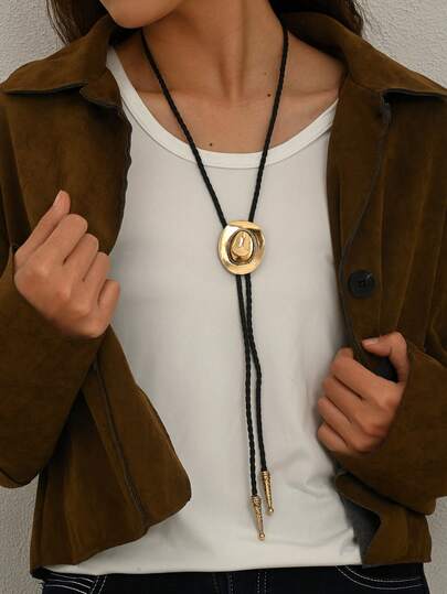 1 chiếc vòng cổ hình mũ cao bồi miền Tây cổ điển, kiểu dáng bolo tie thời trang với dây da đan, mặt dây chuyền hợp kim kẽm, vòng cổ unisex phong cách thường ngày phù hợp cho các bữa tiệc và dịp lễ.
