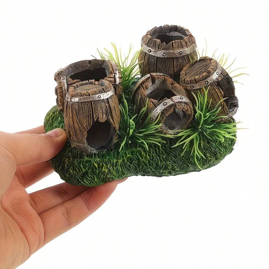 Nhà trú ẩn cho thú cưng bằng nhựa ABS hình thùng phuy, có cỏ giả | Nhà thoát hiểm cho thú cưng bằng nhựa ABS, thích hợp để trang trí bể cá. - A - Xem 1