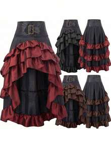 New Retro Asymmetrical Patchwork Skirt With High Waist And Checkered Hem For Women - Black - View 2
