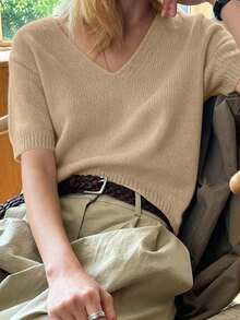 休閒女款米色針織V領毛衣，短袖標準長度套頭衫，適合秋季舒適穿著 - 卡其色 - 查看 2