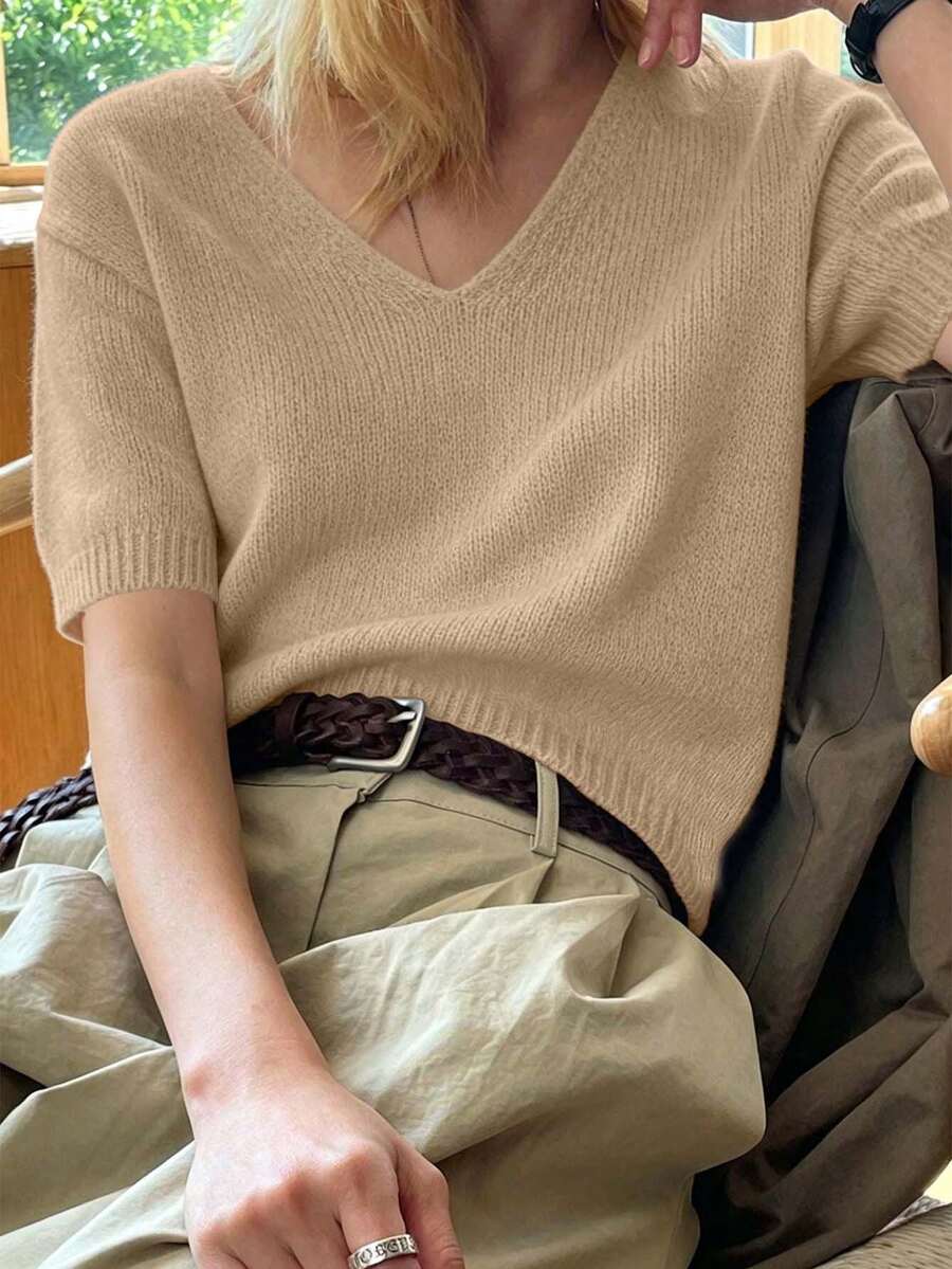 Casual Women's Beige Knit V-Neck Sweater, Short Sleeve Regular Length Pullover, Perfect For Fall Comfort - Khaki - View 1