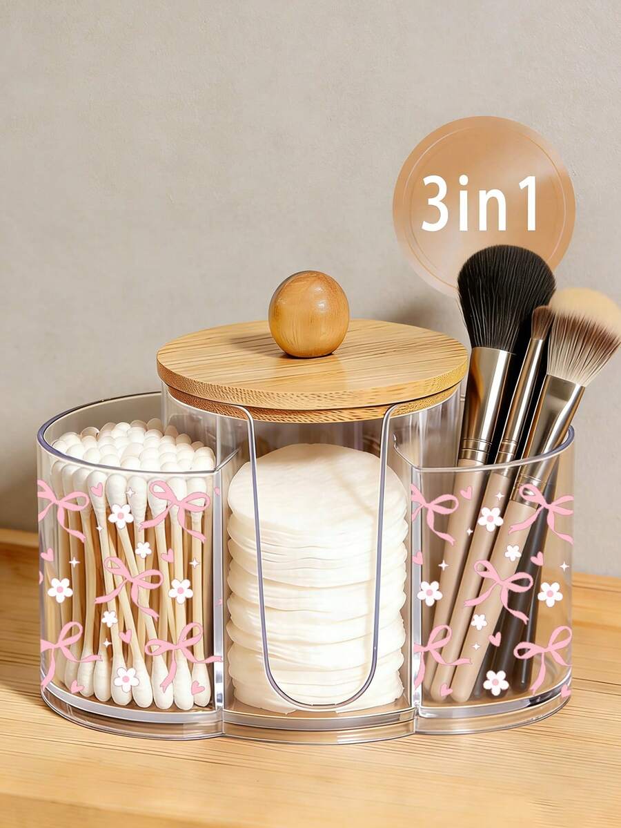 Pink Bow Pattern 3-In-1 Bamboo Lid Transparent Plastic Storage Box, Desktop Makeup Organizer Box With Three Round Holes, Transparent Cosmetic Storage Box With Three Compartments - Modern Vanity Table Storage Box With Lid,Gift Ideas For Women - Multicolor - View 1