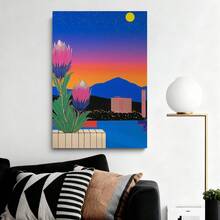 Con marco 1 pieza, . Póster vibrante de atardecer floral. Arte digital moderno inspirado en paisajes naturales y urbanos, perfecto para decoración contemporánea del hogar. Divertida y creativa pintura en lienzo para decoración de pared del hogar, dormitorio, cocina, sala de estar - Enmarcado - Ver 5