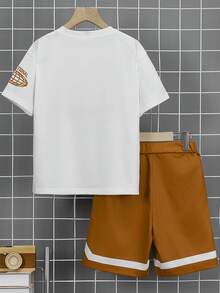 2pcs/Set Tween BoyCasual Outdoor Sports Graphic Letter Print Top And Printed Shorts, Summer - White - View 2